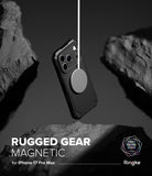 iPhone 17 Pro Max Case | Rugged Gear Magnetic - Black rugged phone case floating between rocks, attached to a magnetic charger.