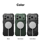 iPhone 17 Pro Max Case | Rugged Gear Magnetic - Three rugged iPhone cases in black, dark green, and camo black with magnetic chargers.