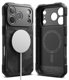 iPhone 17 Pro Max Case | Rugged Gear Magnetic - Black rugged phone case with carbon fiber texture and magnetic charger.
