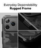 [Bundle] iPhone 17 Pro Max | Rugged Gear Magnetic - Close-up of a black rugged phone case with camo texture and power button.