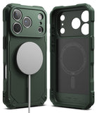 iPhone 17 Pro Max Case | Rugged Gear Magnetic - Dark green rugged phone case with magnetic charger and interior view.
