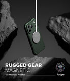 iPhone 17 Pro Max Case | Rugged Gear Magnetic - Dark green phone case floating between rocks, attached to a magnetic charger.
