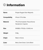 iPhone 17 Pro Max Case | Rugged Gear Magnetic - Information table listing product specs for the Ringke phone case.