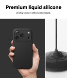 iPhone 17 Pro Max Case | Silicone Magnetic - Hand holding a black silicone phone case next to a stream of liquid silicone.
