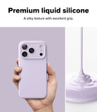 iPhone 17 Pro Max Case | Silicone Magnetic - Hand holding a lavender silicone phone case next to liquid silicone.