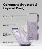 iPhone 17 Pro Max Case | Silicone Magnetic - Exploded view showing suede, hard PC, magnet, and liquid silicone layers.