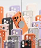 iPhone 17 Pro Max Case | Silicone Magnetic - An orange magnetic phone case suspended among colorful silicone cases.