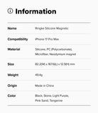 iPhone 17 Pro Max Case | Silicone Magnetic - Information table listing product name, compatibility, materials, size, weight, origin, and color options.