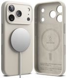 iPhone 17 Pro Max Case | Silicone Magnetic - Beige silicone magnetic phone case showing exterior with MagSafe charger and suede-lined interior.