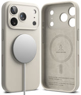 iPhone 17 Pro Max Case | Silicone Magnetic - Beige silicone magnetic phone case showing exterior with MagSafe charger and suede-lined interior.