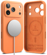 iPhone 17 Pro Max Case | Silicone Magnetic - Orange magnetic silicone phone case shown from back and interior views.
