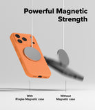 iPhone 17 Pro Max Case | Silicone Magnetic - Orange phone case held by magnet vs. phone falling without magnet.