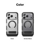 iPhone 17 Pro Max Case | UX Magnetic - Two clear and smoke black magnetic phone cases with kickstands side-by-side.