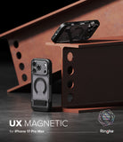 iPhone 17 Pro Max Case | UX Magnetic - Two black magnetic phone cases displayed on industrial steel beams.