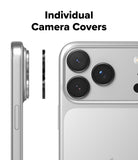 iPhone 17 Pro Max / 17 Pro | Camera Lens Frame Glass - Individual camera lens covers shown floating next to a silver smartphone camera array.