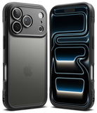 iPhone 17 Pro Max Case | Fusion Bold Matte - Matte black protective case shown from back and front with abstract wallpaper.