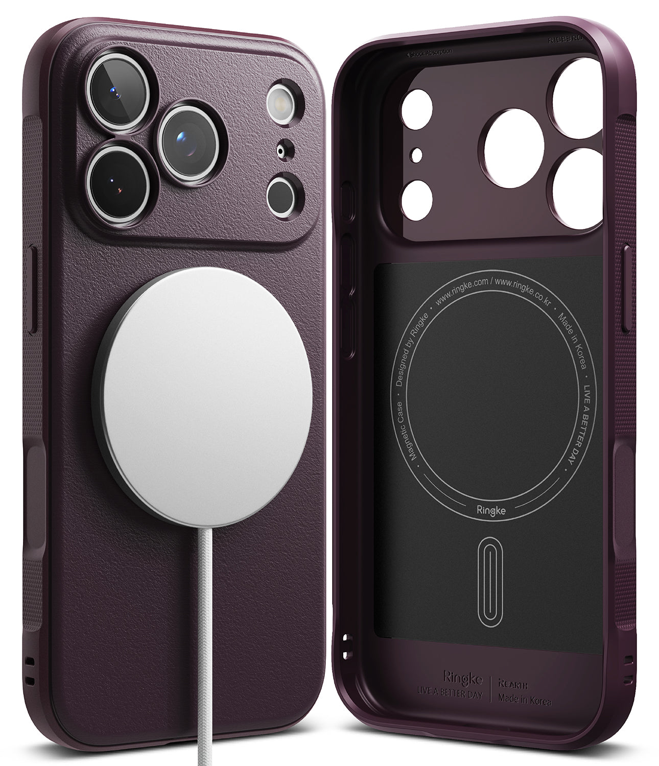 iPhone 18 Pro | Onyx Magnetic - Two views of a dark purple MagSafe-compatible phone case on a white background, showing the textured back with a white magnetic ring and the interior black lining with MagSafe alignment markings.