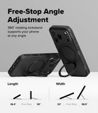 iPhone 17 Pro Case | Alles - Two black phone cases with 360-degree rotating kickstands shown at various viewing angles.