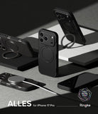iPhone 17 Pro Case | Alles - Black protective phone cases with integrated ring stands and MagSafe charging on a geometric display.