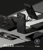 [Bundle] iPhone 17 Pro | Alles - Bundle iPhone 17 Pro | Alles - Black protective phone cases with integrated ring stands and MagSafe charging on a desk.