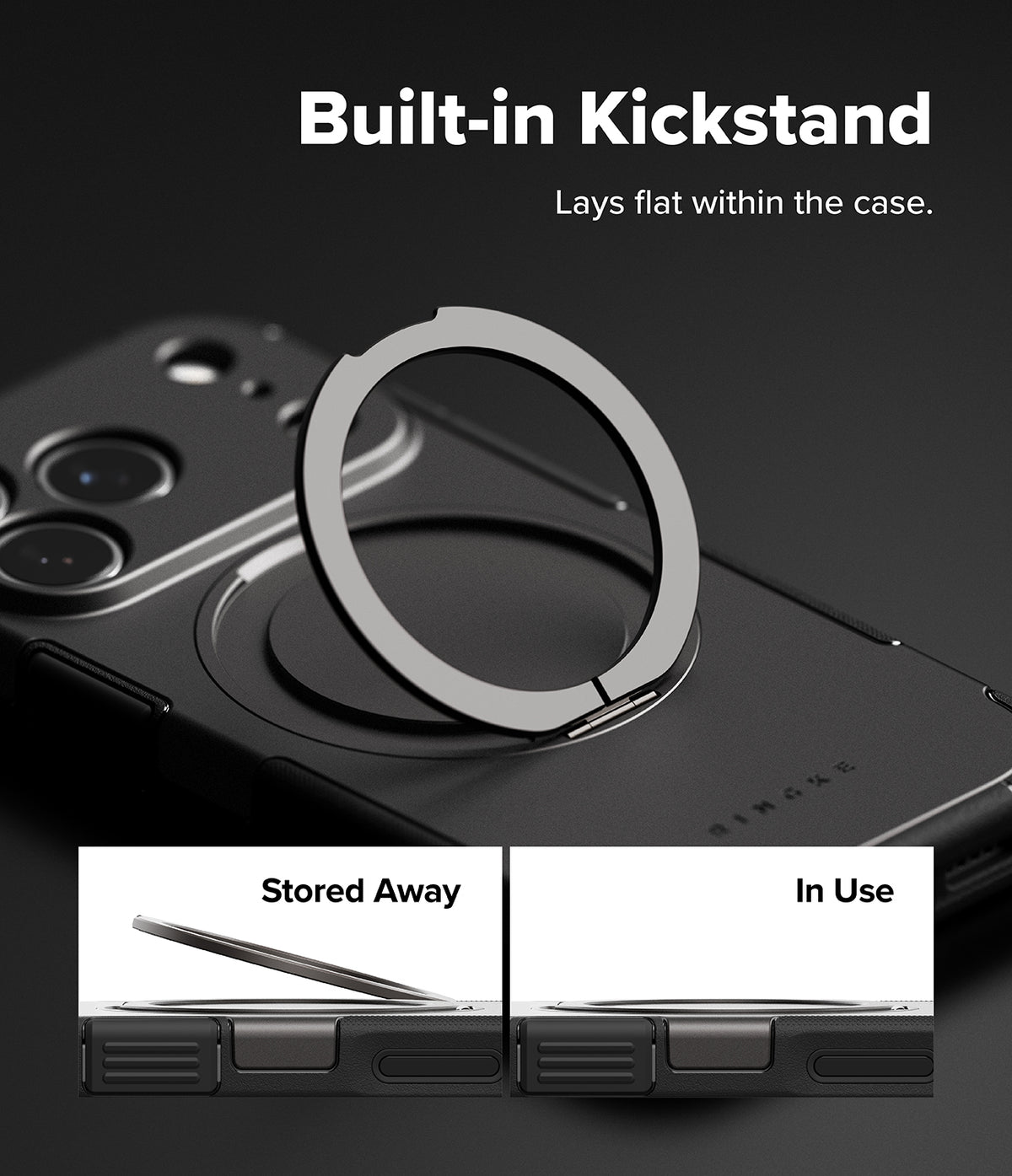 [Bundle] iPhone 17 Pro | Alles - iPhone 17 Pro | Alles - Close-up of a phone case with a circular, foldable kickstand shown in stored and deployed positions.