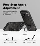 iPhone 17 Pro Case | Alles - Two black phone cases with 360-degree rotating kickstands shown at different angles with diagrams.