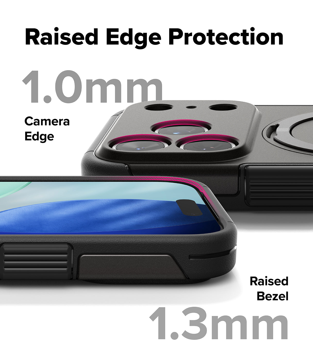 iPhone 17 Pro Case | Alles - Close-up of phone case showing 1.0mm camera edge and 1.3mm screen bezel protection.