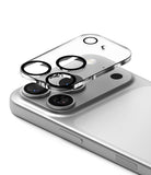 iPhone 17 Pro | Camera Glass - A clear tempered glass protector hovering above the triple-lens camera array of a silver iPhone.
