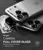 iPhone 17 Pro | Camera Glass - Two silver iPhones with Ringke camera lens protectors applied, next to a spare glass sheet.
