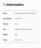 iPhone 17 Pro Screen Protector | Easy Slide AR Tempered Glass - Information table listing product specs for iPhone 17 Pro.