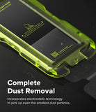 iPhone 17 Pro Screen Protector | Easy Slide AR Tempered Glass - iPhone 17 Pro Screen Protector - Neon green installation tray for screen protector with dust removal instructions.