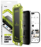 iPhone 17 Pro Screen Protector | Easy Slide Privacy Tempered Glass - iPhone 17 Pro Screen Protector - Bright green installation tray with privacy glass next to two iPhones showing screens.
