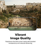 iPhone 17 Pro Screen Protector | Easy Slide Privacy Tempered Glass - iPhone 17 Pro Screen Protector - Two overlapping smartphone screens displaying a vibrant beach scene against a cliffside town.