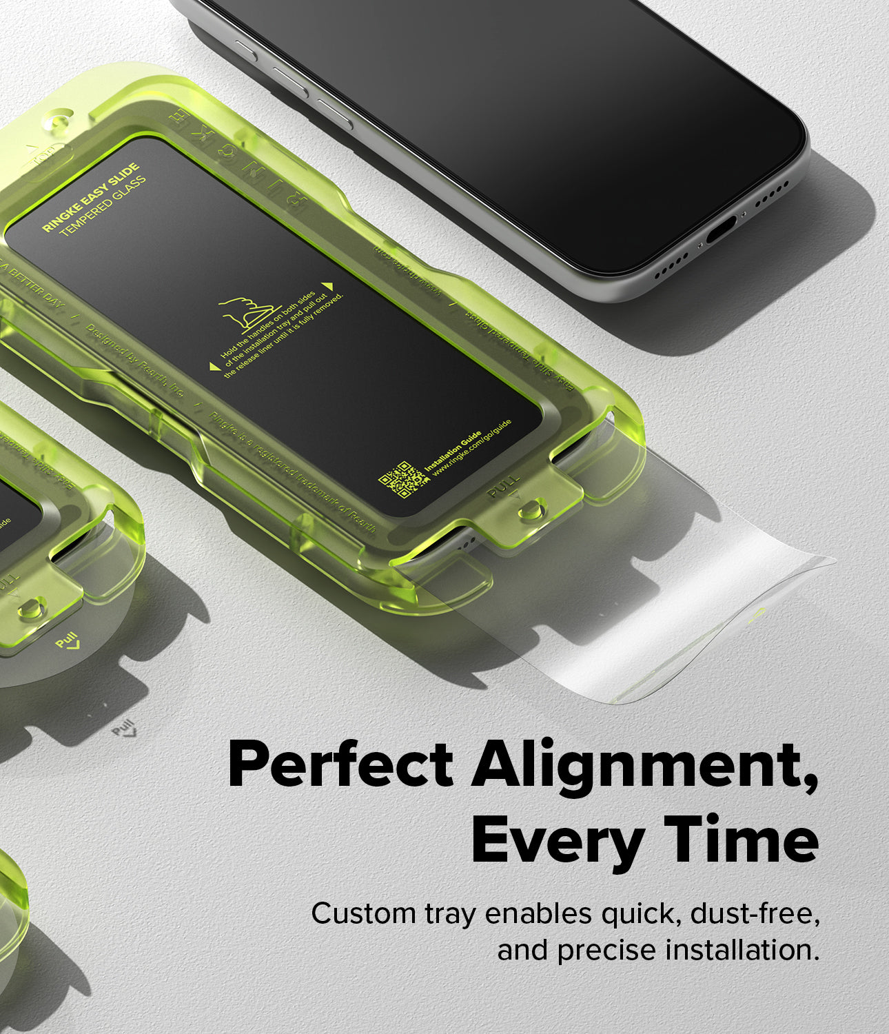 [Bundle] iPhone 17 Pro | Alles - iPhone 17 Pro | Alles - Neon green installation tray for iPhone screen protector with pull-tab film on a white surface.