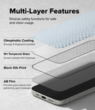 iPhone 17 Pro Screen Protector | Easy Slide Tempered Glass - iPhone 17 Pro Screen Protector - Exploded view showing four layers: oleophobic coating, 9H tempered glass, silk print, and AB film.