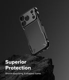 iPhone 17 Pro Case | Fusion-X - Black protective phone case with X-shaped frame hovering above a dark, rugged rock against a grey background.