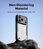 iPhone 17 Pro Case | Fusion-X - A dark matte, non-yellowing protective case on an iPhone standing on a rock against a blue sky.