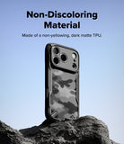 iPhone 17 Pro Case | Fusion-X - Dark matte TPU phone case with a textured camo back, standing upright on a rocky surface.