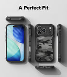iPhone 17 Pro Case | Fusion-X - Multi-angle view of a black rugged phone case with a camo back pattern on a light background.