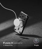 [Bundle] iPhone 17 Pro | Fusion-X Magnetic - iPhone 17 Pro in a black Fusion-X magnetic case attached to a white wireless charger.