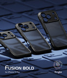 iPhone 17 Pro Case | Fusion Bold Matte - Three black matte phone cases arranged diagonally on a blue patterned surface.
