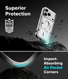 iPhone 17 Pro Case | Fusion Card Magnetic - Phone case with military-grade protection rating and impact-absorbing air pocket corners on a dark background.