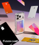 iPhone 17 Pro Case | Fusion Card - Clear phone case holding a gradient card, surrounded by floating colorful credit cards.