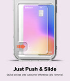 iPhone 17 Pro Case | Fusion Card - Clear phone case with a gradient card in a side-access slot and an arrow showing how to slide it out.