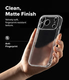 iPhone 17 Pro Case | Fusion Matte - Hand holding a clear, matte-finish iPhone 17 Pro case against a black background.