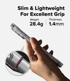 iPhone 17 Pro Case | Fusion Matte - Hand holding a slim phone case with 28.4g weight and 1.4mm thickness specs highlighted.
