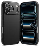 iPhone 17 Pro Case | Onyx - Matte black textured phone case shown from back and front with a blue abstract screen design.
