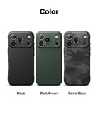 iPhone 17 Pro Case | Onyx - Three phone cases in black, dark green, and camo black arranged side-by-side against a white background.