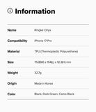 iPhone 17 Pro Case | Onyx - Information table listing specifications for the Ringke Onyx case for iPhone 17 Pro.