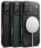iPhone 17 Pro Case | Onyx Magnetic - Three iPhone 17 Pro cases in black, green, and camo with a magnetic charger attached.